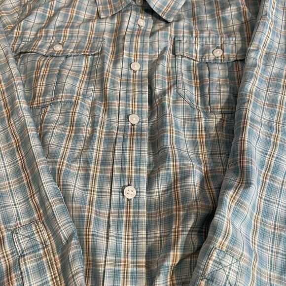 Mens Duluth Trading Co Nylon Blend Vented Hiking Shirt Aqua Plaid Size Large - Picture 3 of 16